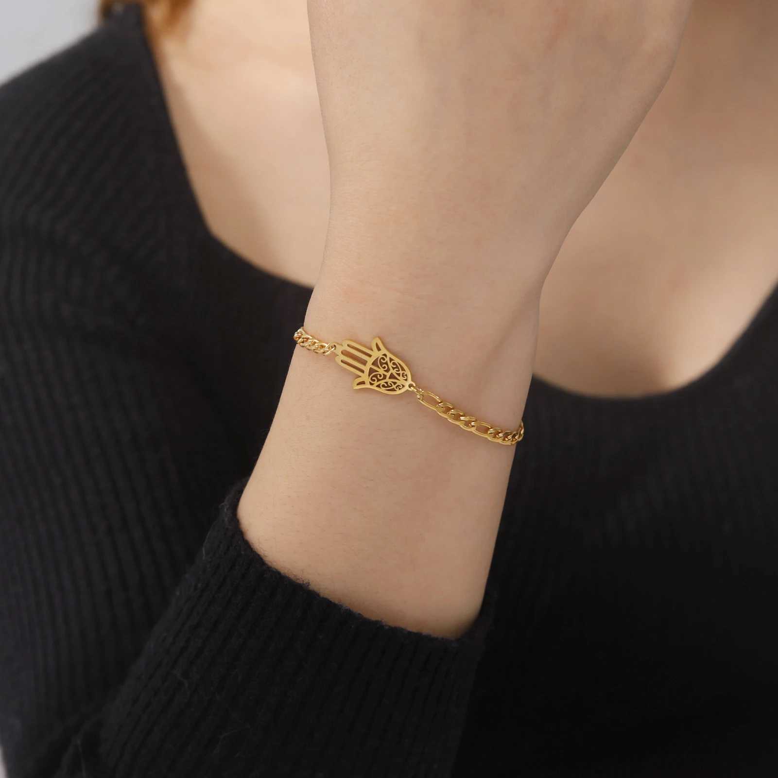 Skyrim Amulet Hamsa Hand of Fatima Bracelets on Hand Gold Color Womens Bracelet Stainless Steel Islamic Lucky Jewelry Gift 2025 W250121