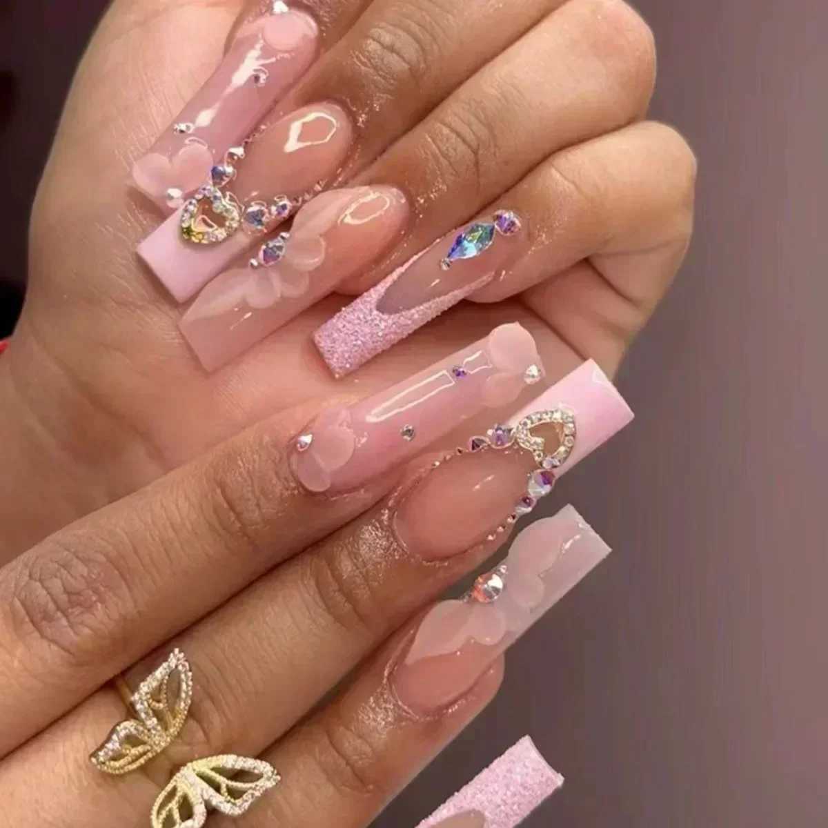24 pieces of long ballet fake nails pink butterfly with rhinestone French design wearable fake nails nail tip art flash pressW250120