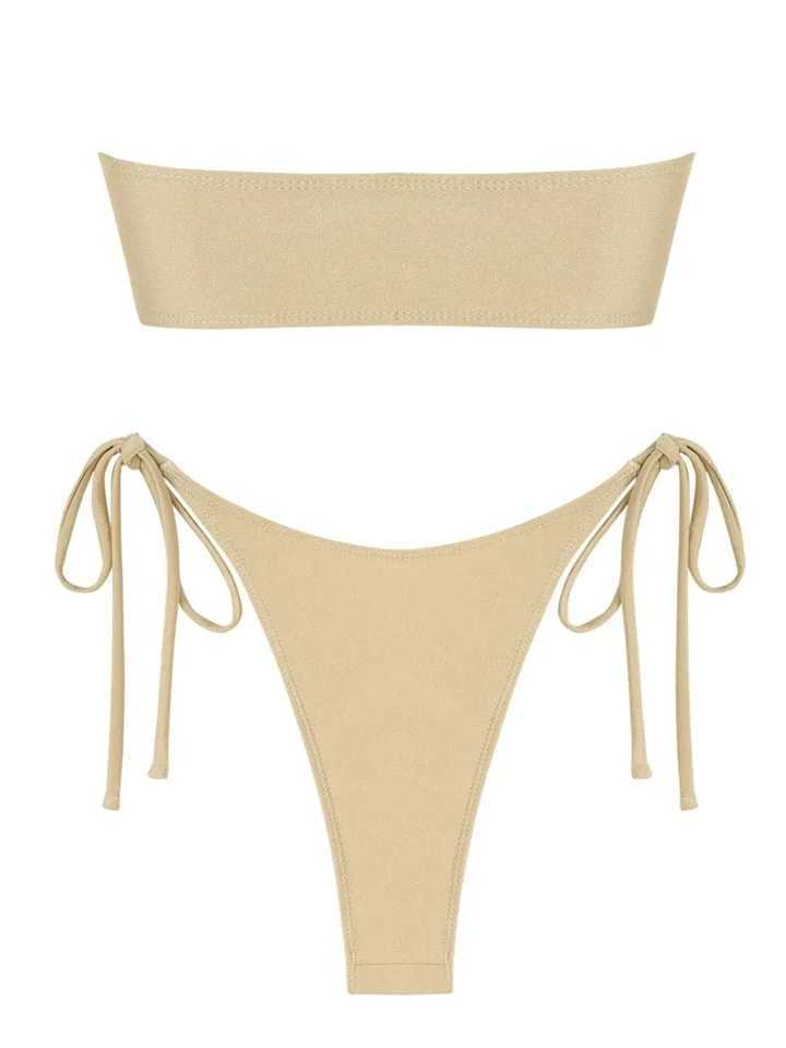Womens Swimsuit Strapless Solid Bandeau Bikinis High Cut Tube Bikini Set Swimwear Push Up Tops Tie Side Bathing Suit BeachwearXJ250120