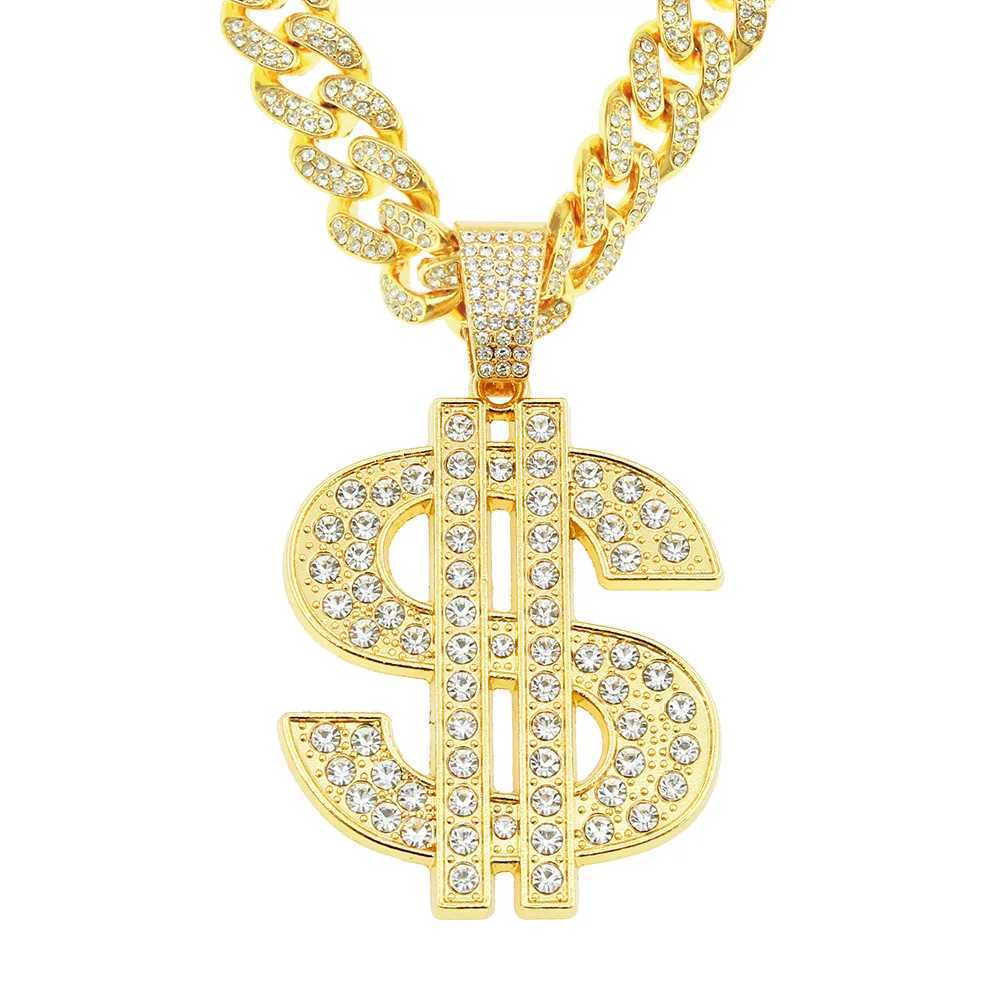 Shiny Rhinestone Dollar Pendant Necklace Mens Womens 15mm Cuban Chain Choker Hip Hop Rap Rock JewelryXJ250121