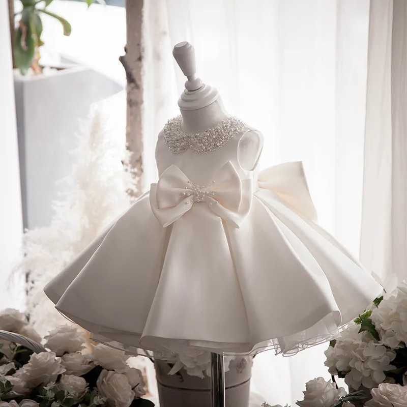 ToddlerWhite Wedding Satin Princess Baby GirDress Bow1Year Birthday Evening Party X250203