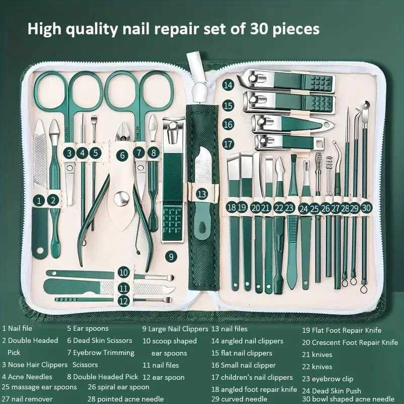 Professional Stainless Steel Nail Clipper Set Green Nail Tools Manicure Pedicure Set of 30pcs Travel Grooming KitXJ250116