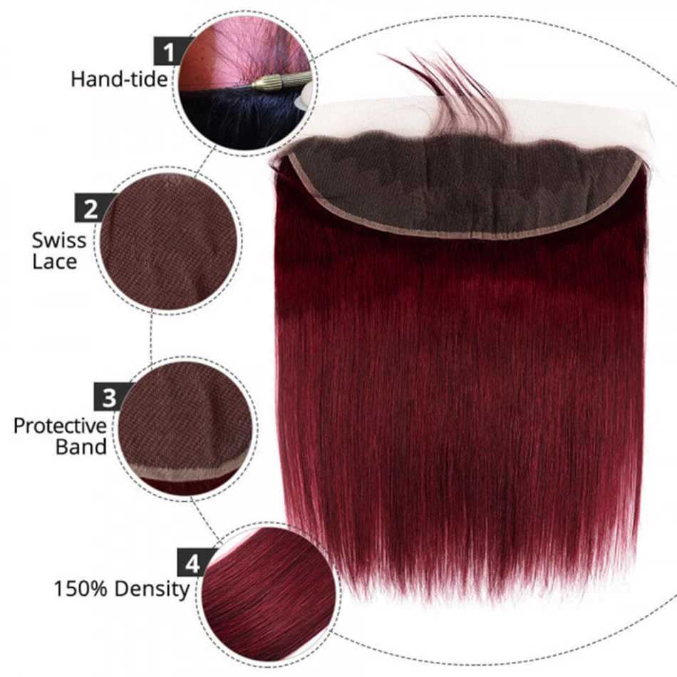 Straight Hair Bundles with HD Lace Frontal 99j Burgundy 3 Bundles with 13x4 HD Lace Frontal Red Wine Color Remy Human Hair WeaveXJ250120