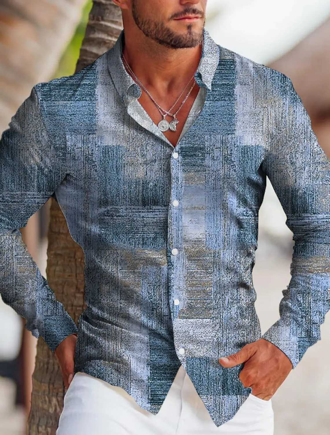 New Fall Mens Shirt Oversized Casual Shirt Line Printed Long Sleeve Button Mens Clothing Beach Cardigan Shirt MenXJ250121