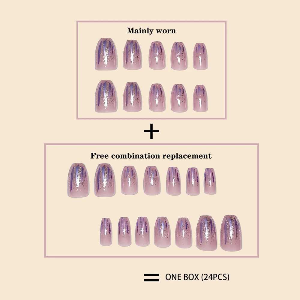 Trend Fashion Women Girls 24Pcs/Set Medium Coffin Shaped French Glitter Powder Star Stripe Wearable Fake Nail Press on Nail ArtW250120
