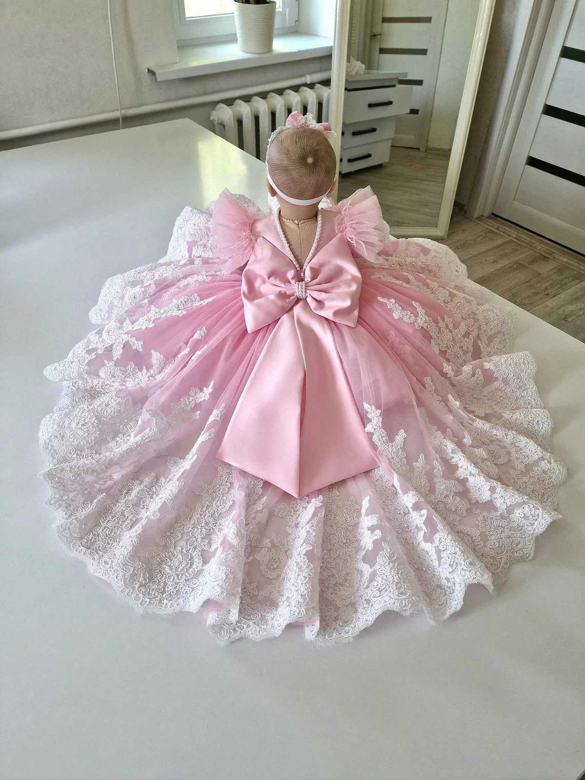 White Lace Baby Toddler Christening Dresses Kids Newborn Party Feather Pearls First Communion Wedding Prom Baptism Outfits X250203
