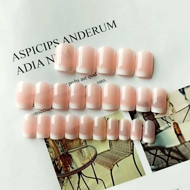 Short flat square pressed nail pink classic French fake nail can be reused for women and girls fake nailsW250120