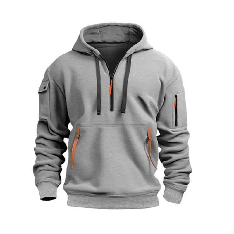 Stylish Mens Hooded Sweatshirt Resistant Multiple Zipper Pockets 100% Polyester Knitted Fabric Solid Color Long Sleeve RegularXJ2500118