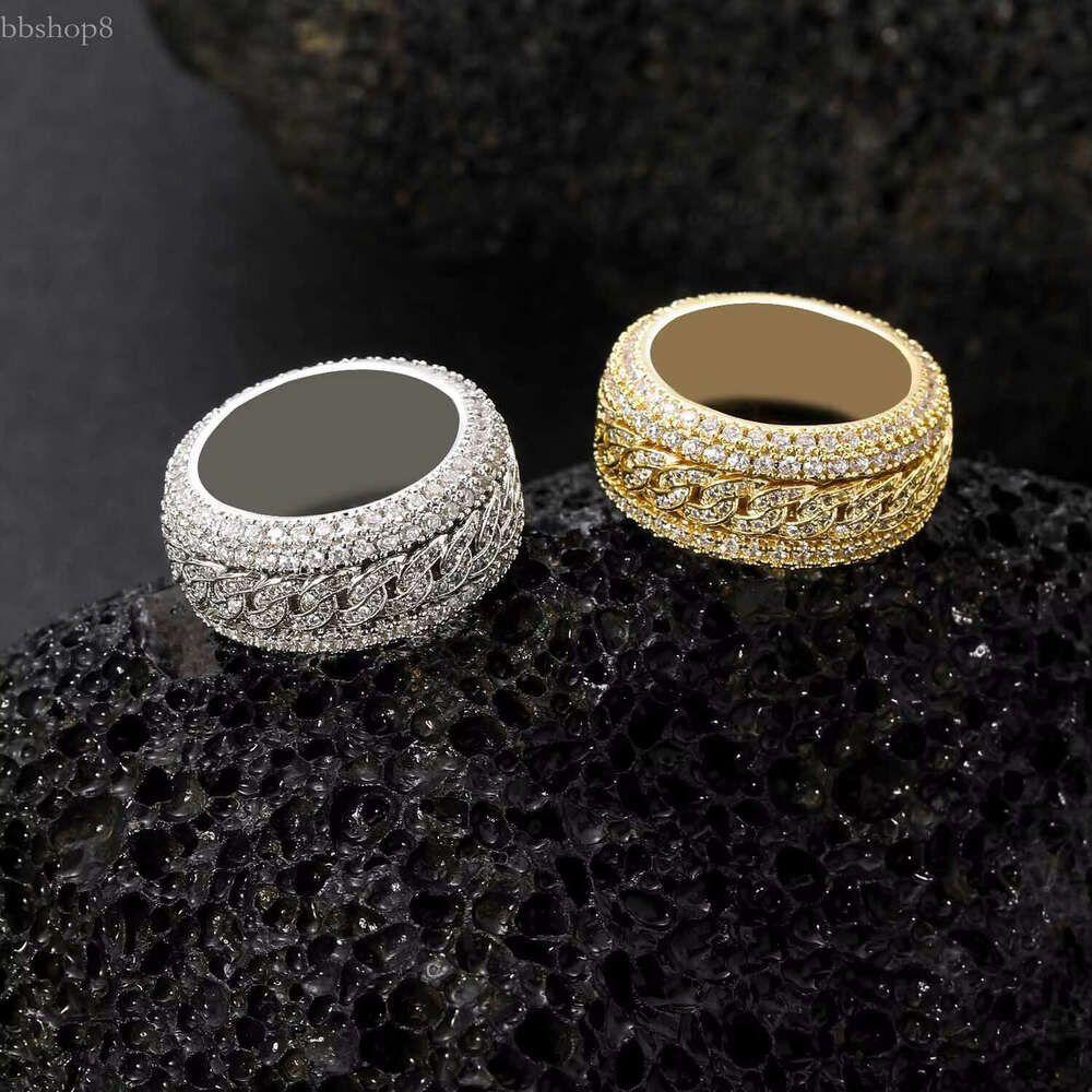 Gold Plated 12mm Men's Rings 5A Brass with Pave Setting Cubic Zirconia & Moissanite Fully Rotatable Cuban Chains Shape