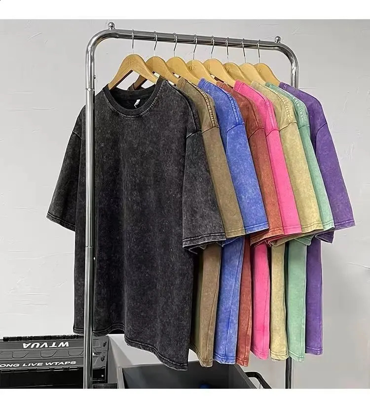 230g American Plus Size Mens 100 Cotton AcidWashed Tshirts Solid 3D Puff Print Vintage Tee Hip Hop High Street Oversized Top 250120