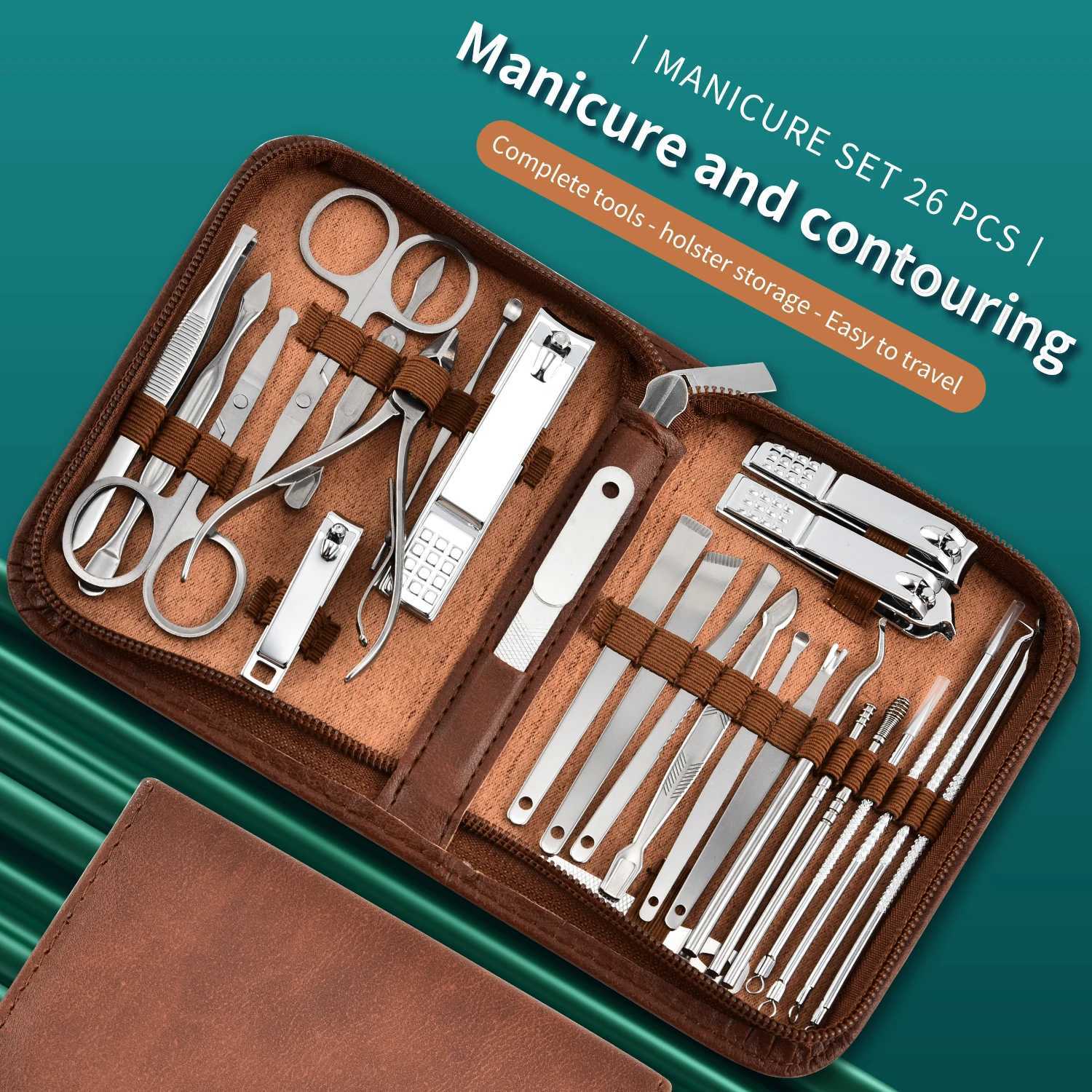 26 Piece Manicure Set Complete Stainless Steel Nail Clippers and Care Tools Set in Luxurious Leather Travel Case - Portable TrXJ250116