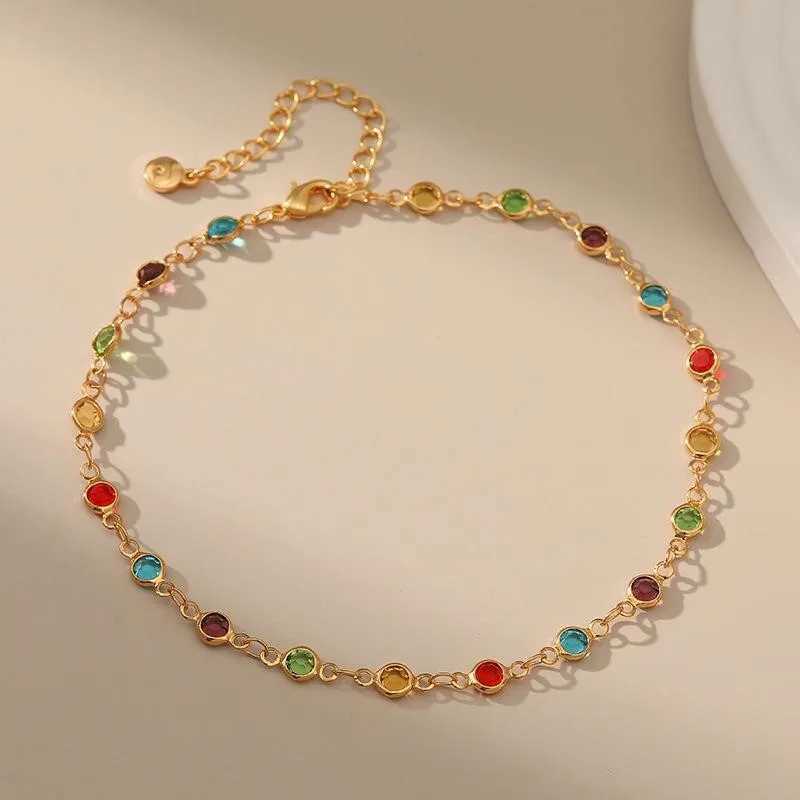 Gold Color Boho Rainbow Rhinestone Anklet for Women Summer Beach Beads Foot Chain Vocation Jewelry GiftsXJ250121