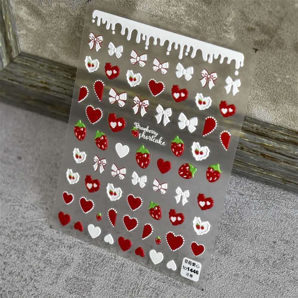 1pcs 5D Relief Red Strawberry Ribbon Heart Nail Art Stickers Japanese Brown Bow Nail Decorations Fashion Decals DIY AccessoriesXJ250120