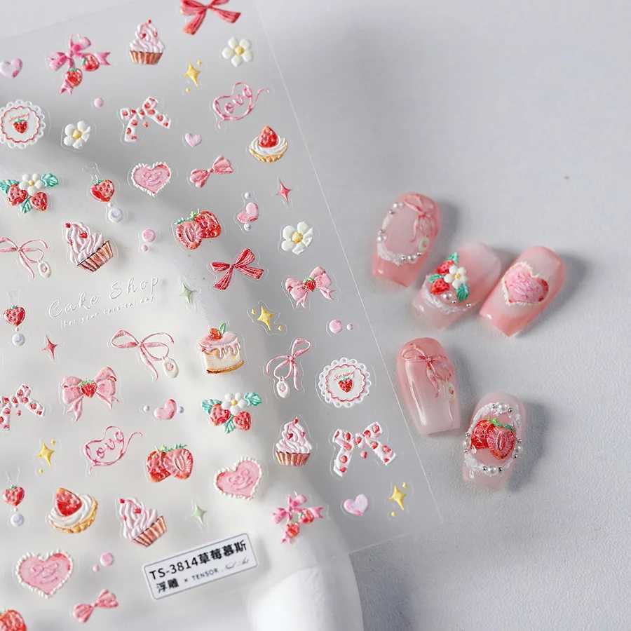 Bowknot 5D Embossed Reliefs Self Adhesive Nail Art Stickers Cute Manicure Decals Lovely Strawberry Muffin Cream Cake Ice CreamXJ250120