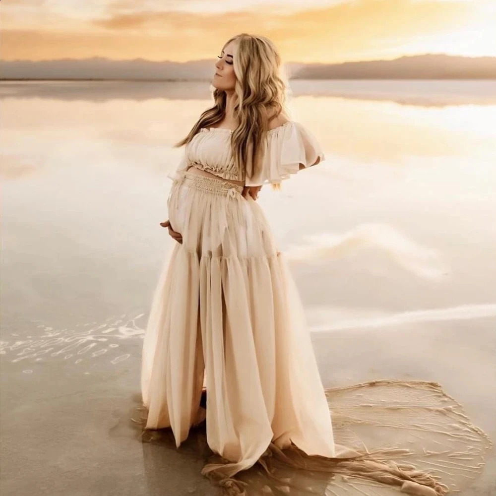 Maternity Dresses For Poshoot Pregnant Women Long Skirt And Top Pregnancy Ruffled Semi Transparent Chiffon Baby Shower Dress 250114
