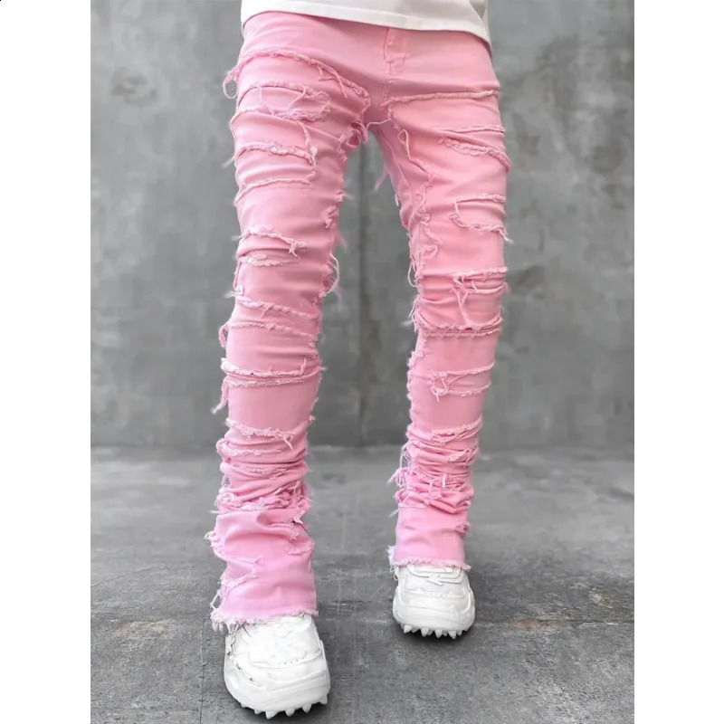 Spring Summer Mens Clothing Fashion Solid Color Elastic Patch Denim Straight-Leg Pants Jeans 250120
