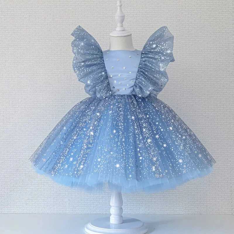 Baby Girls Flying Sleeves Bow Star Sequins Princess Dress For Toddler Formal Banquet Baptism Birthday Party Puffy Ball Gown 0-5Y X250203