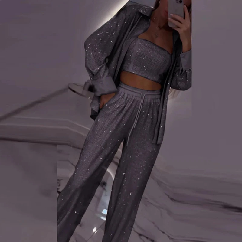Casual Lapel Shirt Commuting Suit Elegant Club Party Multicolor Outfit Fashion Sequin Long Sleeved Women 3 Piece Set For Spring 250122