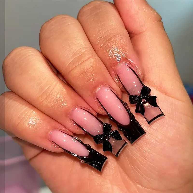 24Pcs Wearable False Nails with Glue Long Ballerina Pink Press on Nails French Full Cover Coffin Fake Nails Tip with RhinestonesW250120