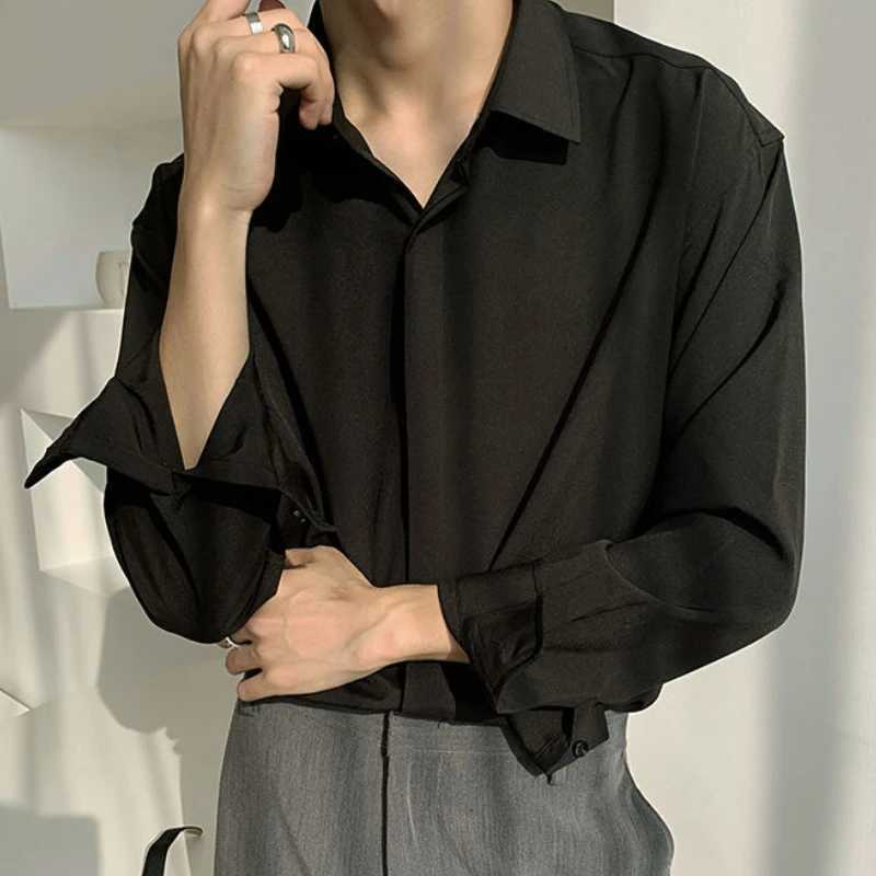 Top Quality Ice Silk Sexy Mens Casual Shirts Solid Color Loose Harajuku Black Long Sleeve Shirt for Men Japanese StreetwearXJ250121