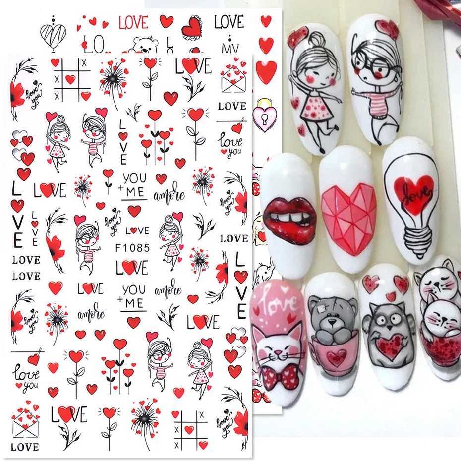 3D Cartoon Valentines Nail Stickers Red Love Heart Cute Cat Bear Panda Sexy Women Lips Letter DIY Romantic Manicure DecorationXJ250120