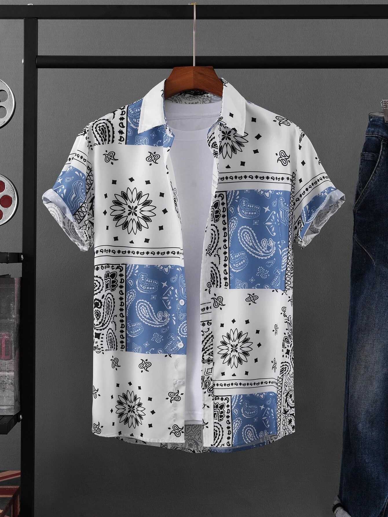 Ethnic Patchwork Design Printed mens And womens Shirts Casual Design short-sleeved Shirts Fashion Button short-sleeved TopsXJ250121
