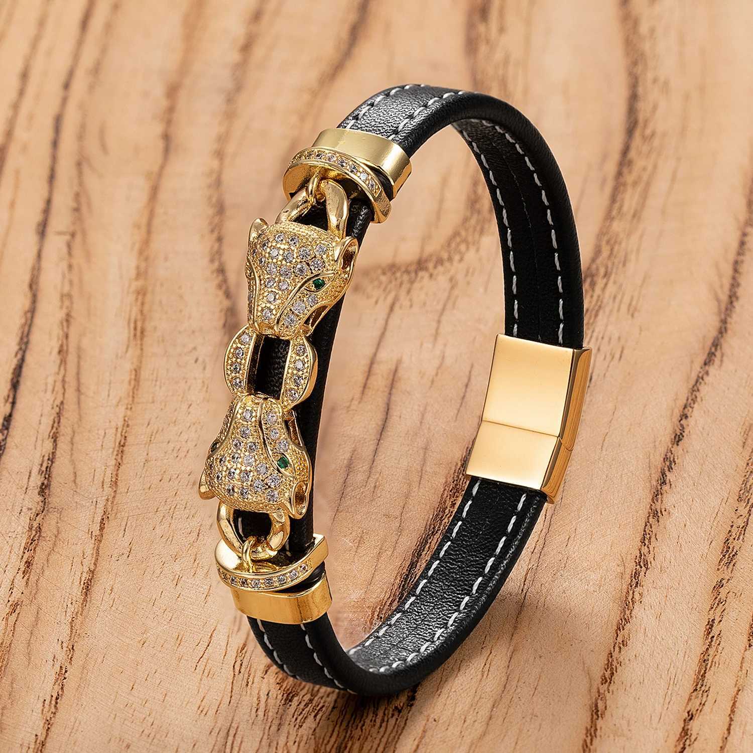 2024 New Style Classic Animal Leopard Head Hand Leather Braided Stainless Steel Bracelet For Man Woman Daily Wear Jewelry Gift W250121