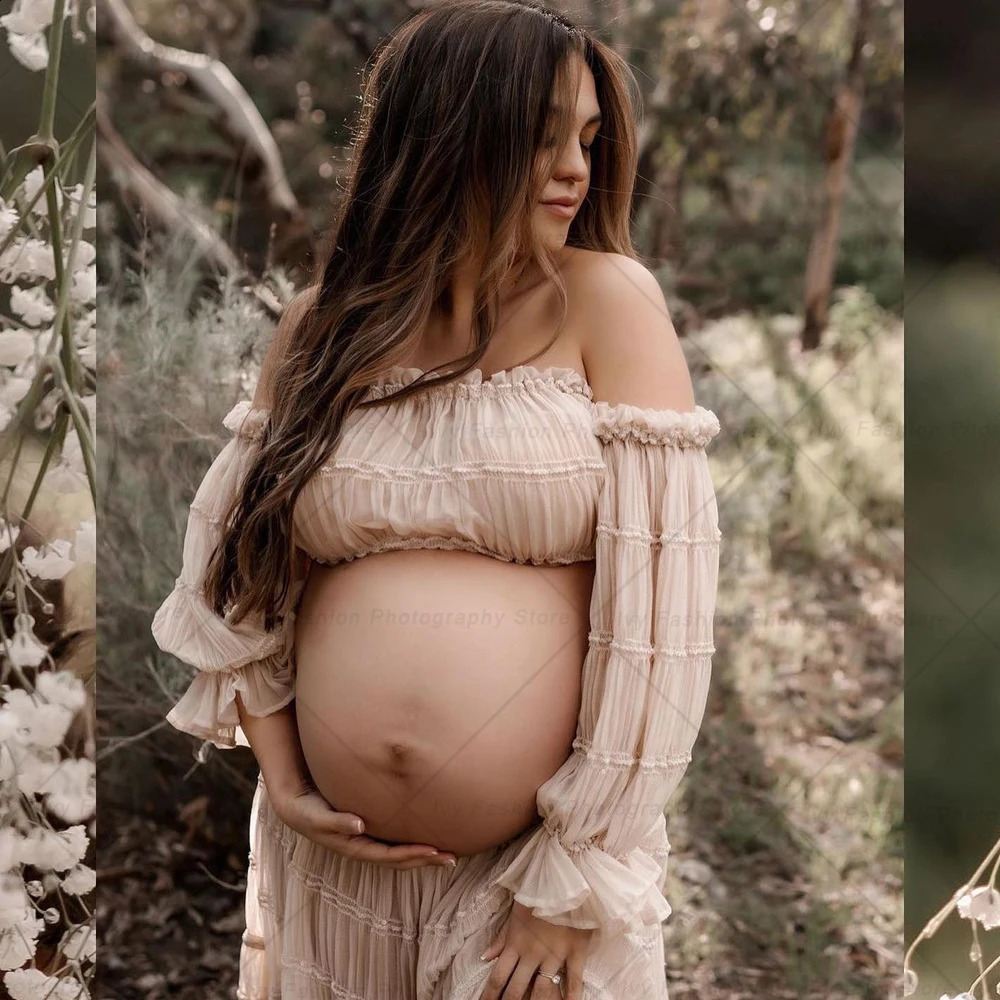 Maternity Gown For Po Shoot Pleated Chiffon Long Sleeve Off Shoulder Four Piece Boho Style Dress Pography Women 250114