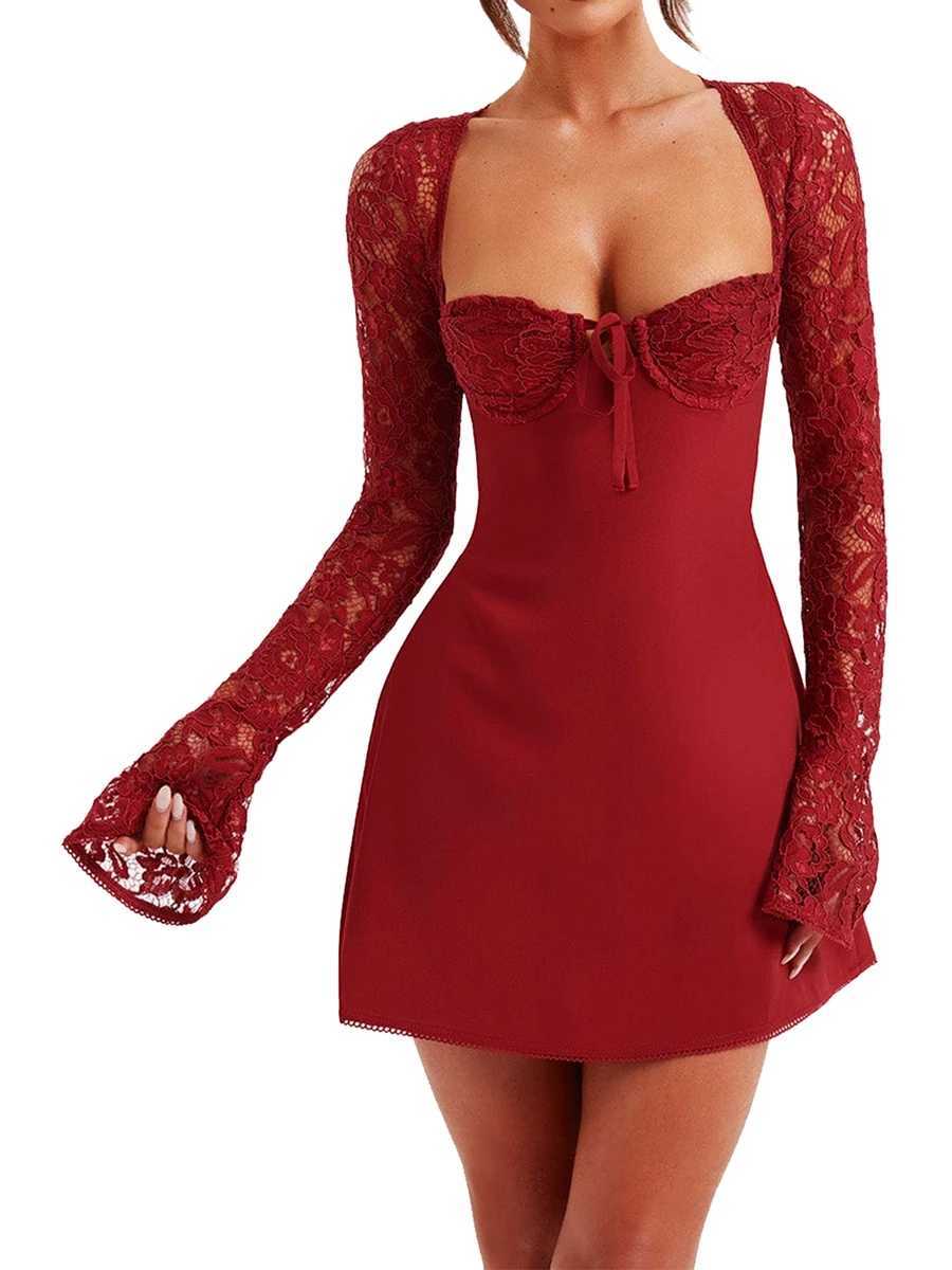 Women Long Sve Lace Mini Dress Y2k Sexy Ele Square Neck Short Solid Color Dress Vintage Low Cut Tie-up Back Fashion DressXJ250115
