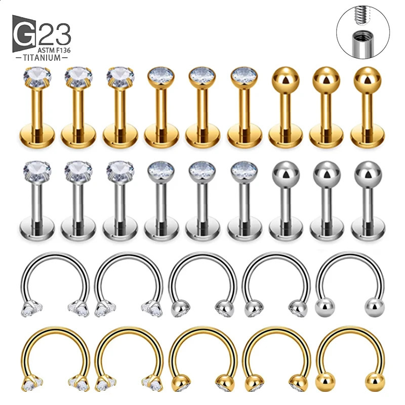 5Pc ASTM 36 G23 Ttianium Labret Ear Lip Stud Jewelry CZ Stone Cartilage Tragus Earring Tongue studs Threaded Body 250110