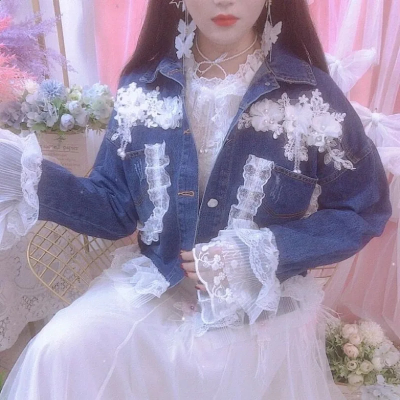 Stereo Flower Beading Diamonds Denim Jacket Y2k High Street Early Autumn Chic Coat Lace Patchwork Single-breasted Sweet Jaquetas 250116