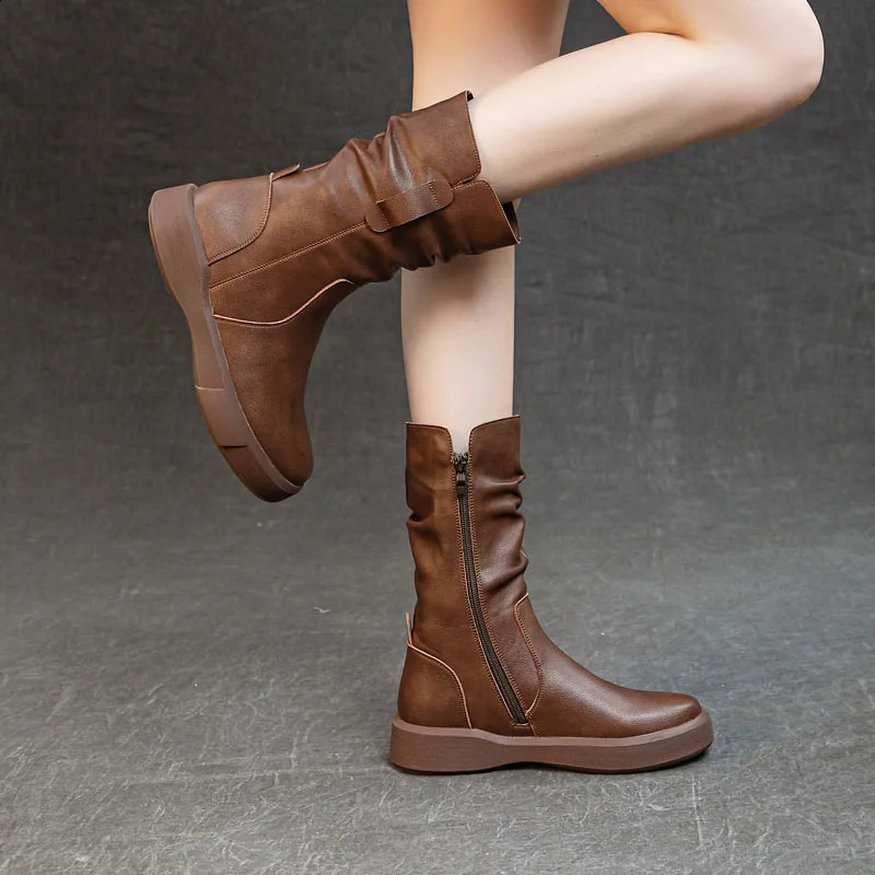 DRKANOL Fashion Women Boots Autumn Winter Plush Warm Mid Calf Round Toe Zipper Pleated Thick Bottom Leather Cotton 250117