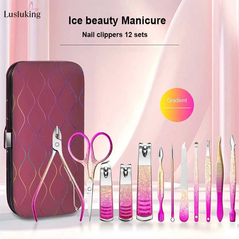 6-12PCS Ice gradient high quality steel Nail Clipper Cuticle Pusher Earpick Manicure Tools Pedicure Suit in PU CaseXJ250121