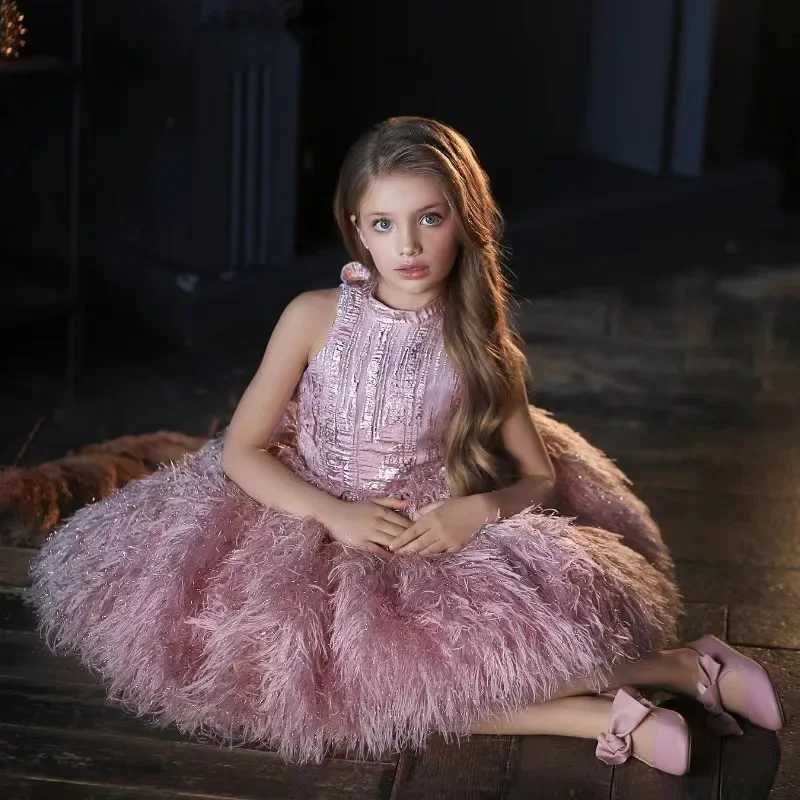 Fashion Baby Girl Feather Sleevesless Princess Dress Infant Toddler Child Vintage Dress Party Birthday Pageant Ball Gown 1-12Y X250203