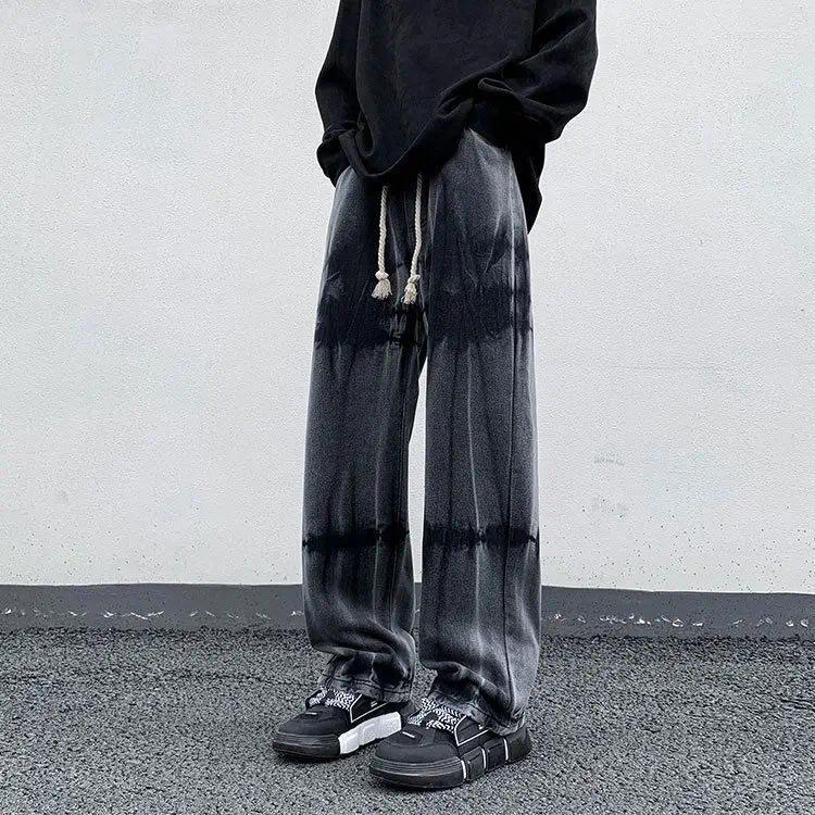 Men's Pants Tie Dye Gradient Jeans Straight Leg Japanese Retro Elastic Waist Washed Trendy Brand Casual And Cool