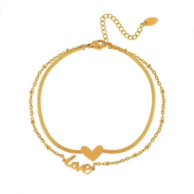 18K Gold Plated Stainl Steel Heart Words Charms Layered Flat Snake Chain Anklets for Women Waterproof Foot JewelryXJ250121