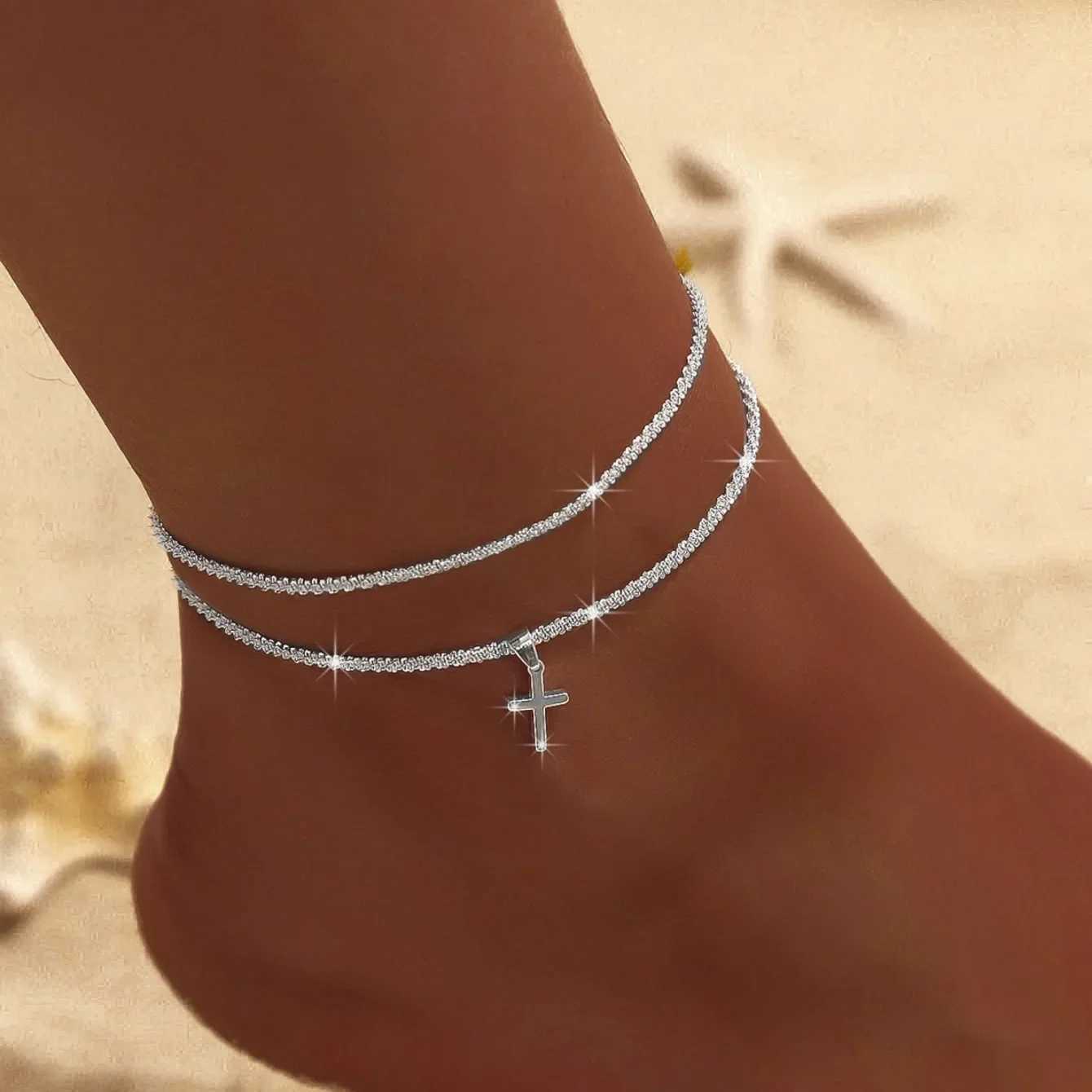 Sparkling Thin Chain Anklet Bracelet for Women Zircon Cross Pendant Bracelet on Leg Foot 2024 Tren Boho Summer Beach JewellryXJ250121