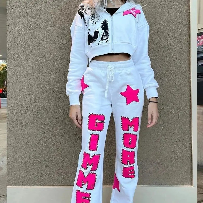 Star Print Oversized Long Sleeved Sports Hoodie Street Hiphop Harajuku Fashion Zippered Top Drawstring Pants Y2k Clothing 250122