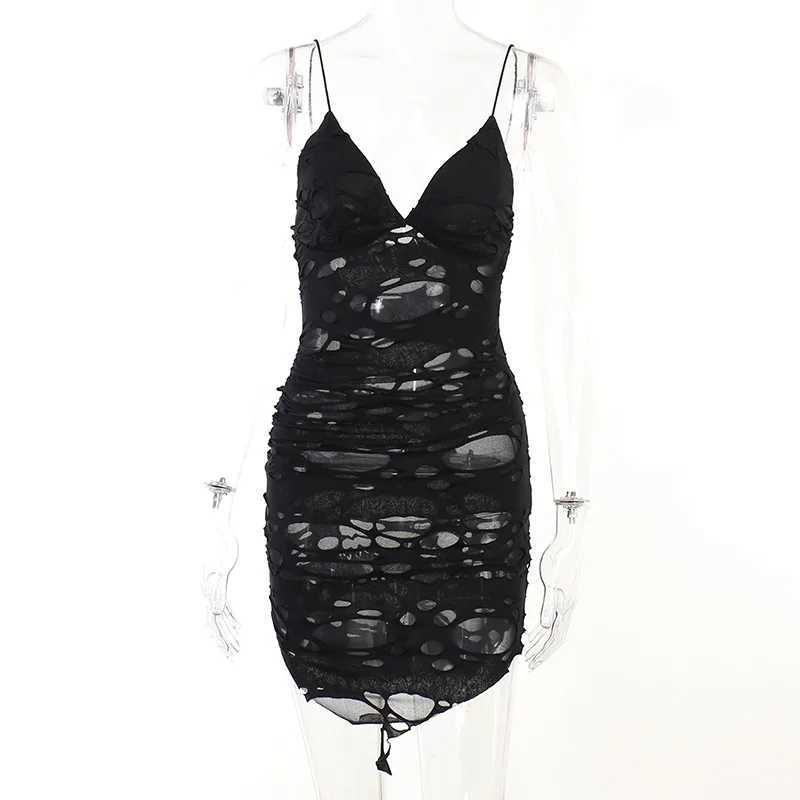 Gothic Style Ripped Hole Slim Fit Slit Bag Hip Skirt Irregular Design Black Suspender DressXJ250115