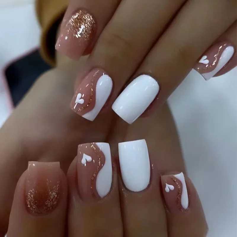 24Pcs Short Square Press on Nails Gradient Glitter False Nails French Tip Lines Acrylic Nails Full Cover Wearable Fake Nail TipsW250120