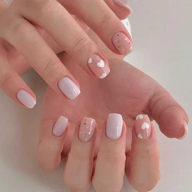 24pcs Pink Fake Nail with Glue Cute White Artificial Nails Wearable Press on Acrylic Nails Square False Nails Press UsW250120