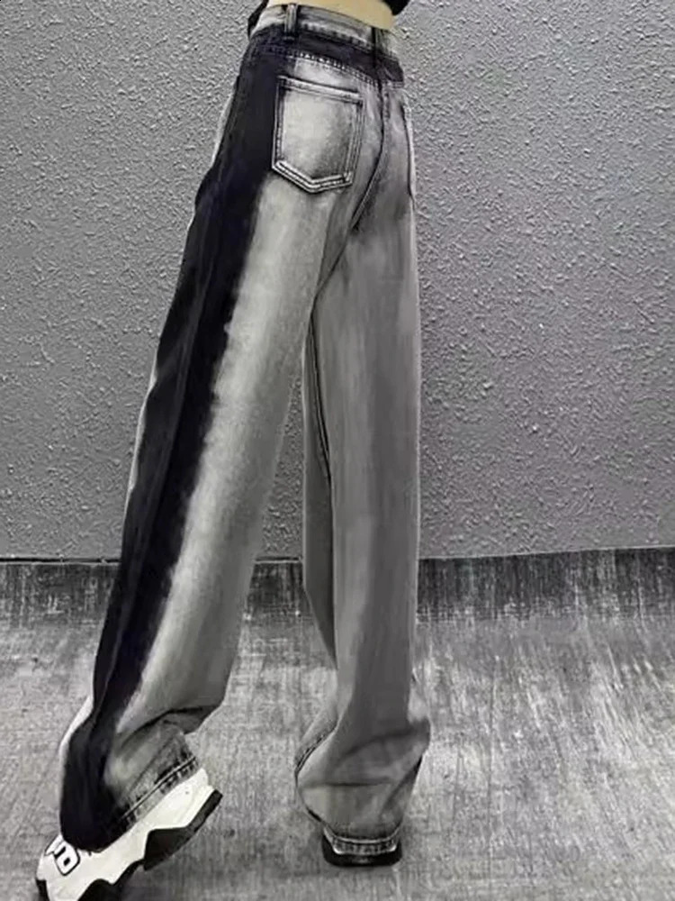 Women High Waist Slim Fit Wide Leg Jeans Girls Street Denim Straight Pants Female Black White Gradient Loose Trousers 250122