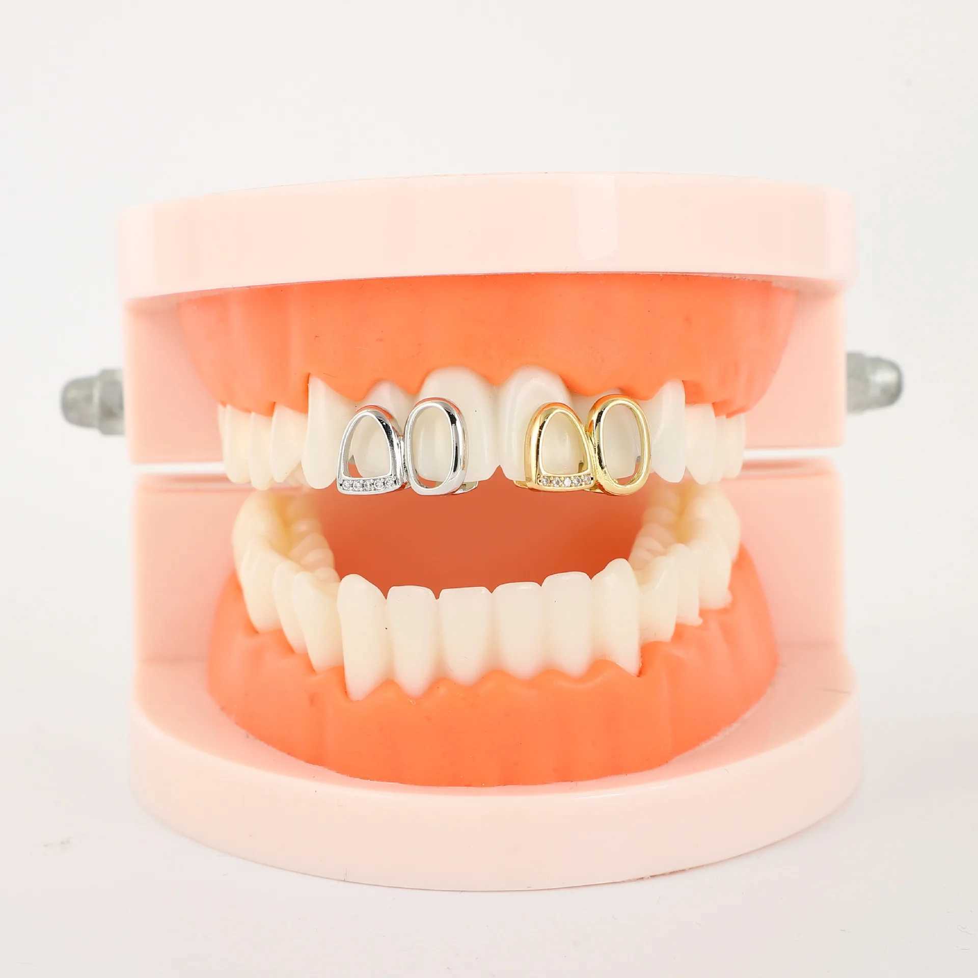 Hip Hop Teeth Grillz Men Women Iced Out Hollow Double Tooth Cap Dental Grill Punk Rapper Cap Halloween CosplayXJ250114