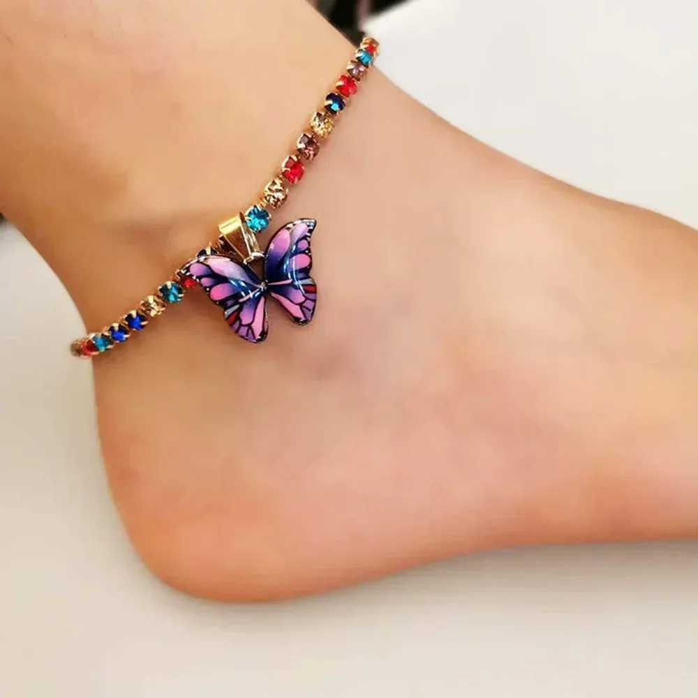 Bohemian Metal Butterfly Anklet Bracelet Colorful Bling Tennis Anklet For Women Girls Summer Beach Foot Chain AccoriesXJ250121