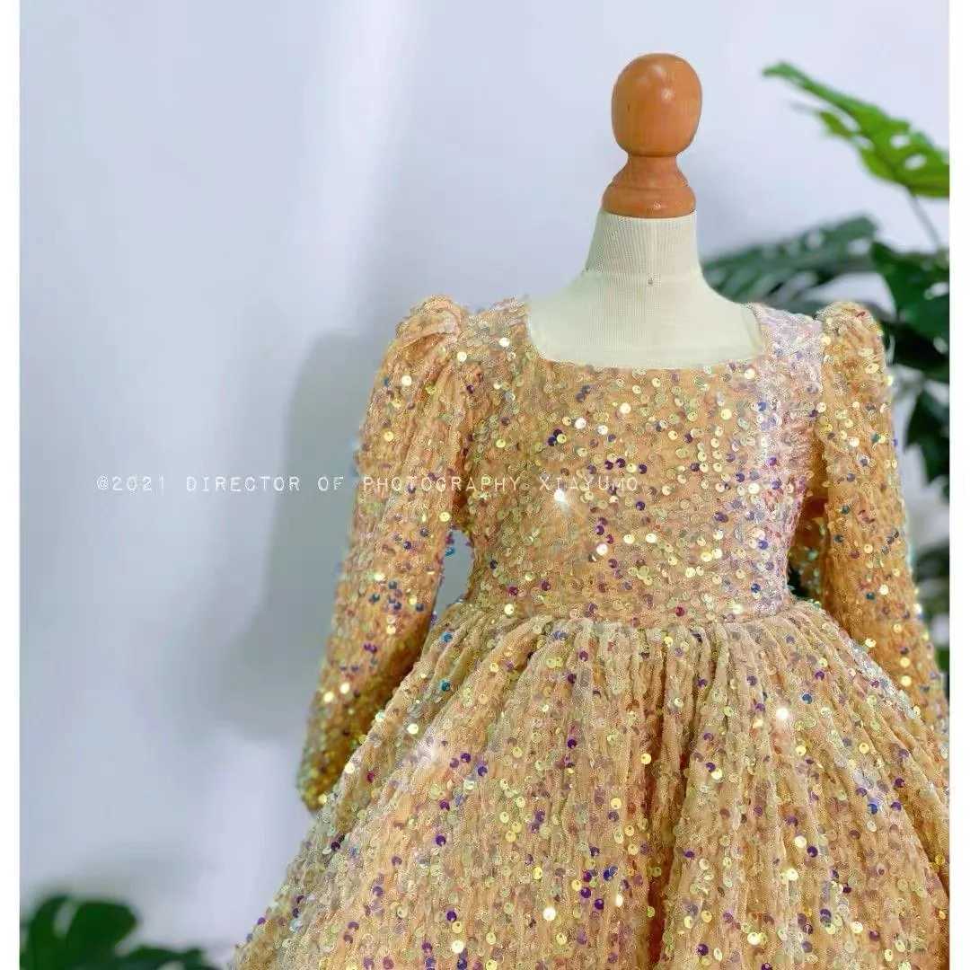 Newborn Christmas girl dress gold lace sequin chiffon princess dress party wedding baptism party first birthday Vestado X250203