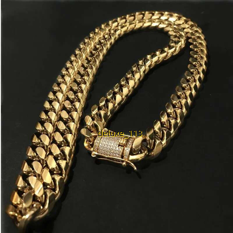 12mm/14mm Mens Miami Cuban k Necklace Chains Stainless Steel CZ Clasp Iced Out Gold Hip Hop Jewelry