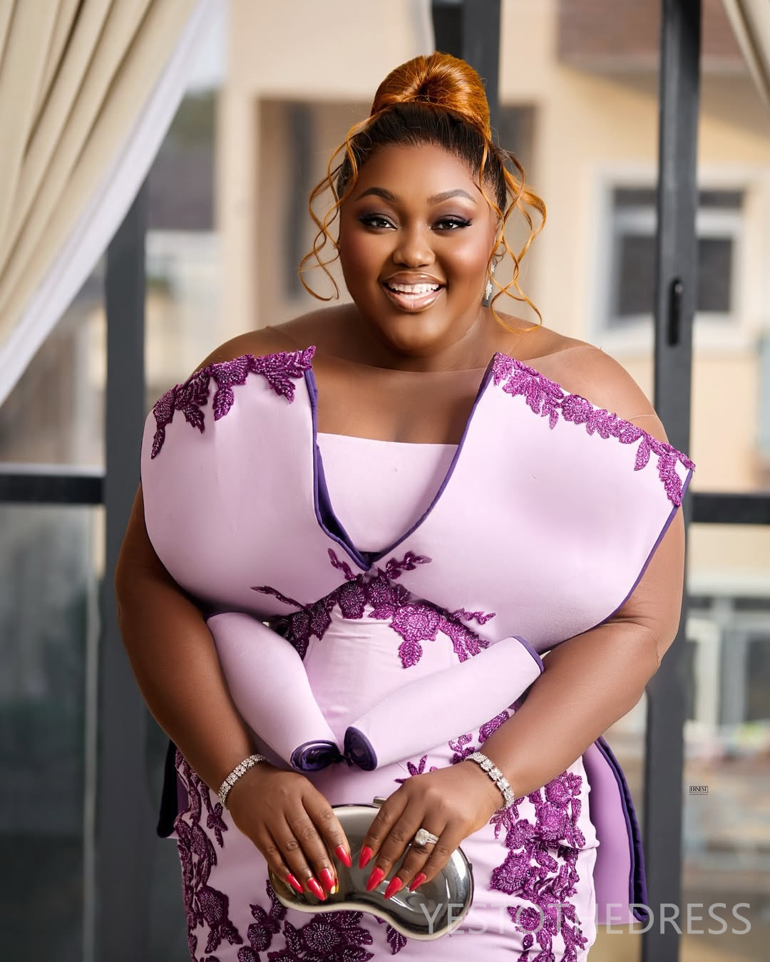 2025 Plus Size Light Purple Prom Dresses Mermaid Evening Gowns For Black Women Applique Sheer Neck Long Sleeves Beaded Birthday Dress Second Reception