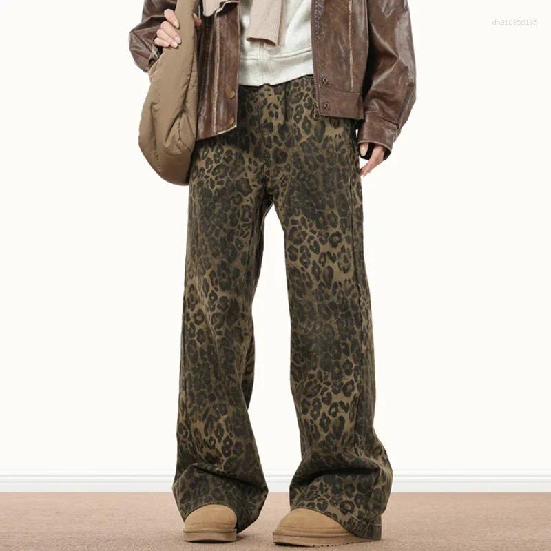 Men's Jeans Men Streetwear Vintage Wide Leg Flared Denim Pants Hip Hop Techwear Straight Long Trousers Y2k Animal Leopard Print Baggy