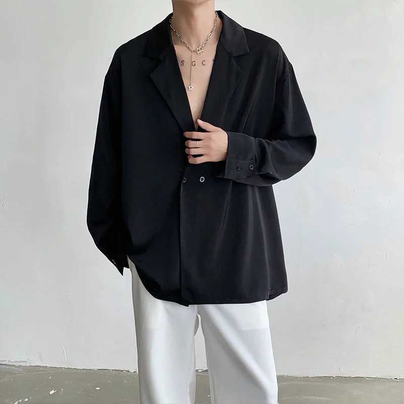 Black White Long Sleeved Shirt Men Oversized Social Mens Dress Shirt Korean Loose Ice Silk Shirt Mens Office Formal Shirts M-XLXJ250121