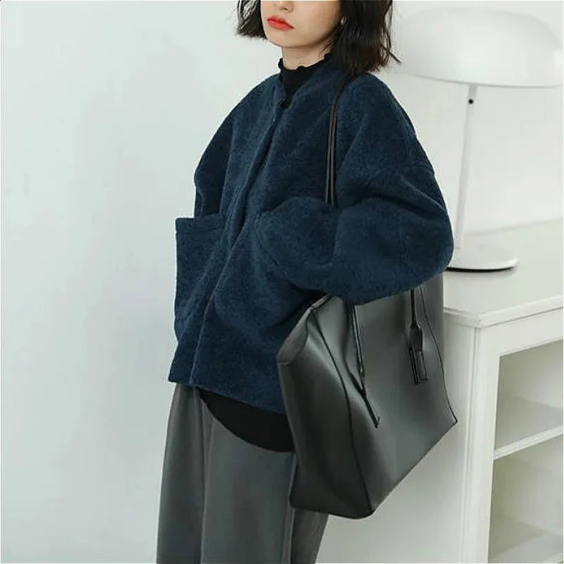 MEXZT Basic Fleece Jackets Women Korean Solid Woolen Coat Autumn Winter Vintage Streetwear Pockets Loose Casual Warm Outerwear 250122